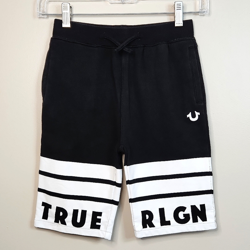 True Religion Boys Black W/ White Stripe Fleece Shorts, Size 5 ~ VGUC